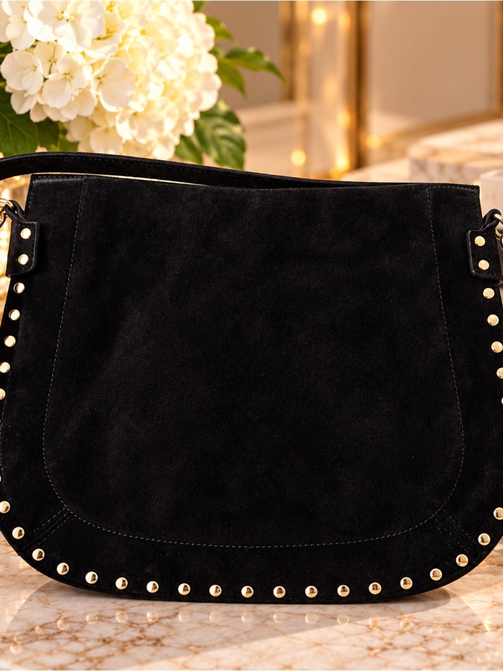 Black Suede Shoulder Bag with Gold Stud Accents